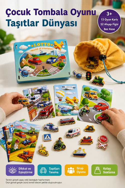 Ahşap Çocuk Tombala Oyunu Taşıtlar Dünyası 52 Ahşap Parça 13 Kart Eğitici Set