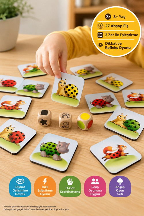 Ahşap Dikkat Refleks Eşleştirme Oyunu Hızlı Göz Çevik El Zeka 27 Ahşap Kart 3 Zar