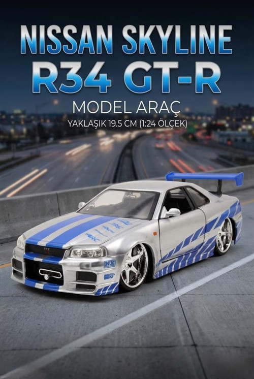 Hobbiez Lisanslı Nissan Skyline R-34 Model Diecast Car 1/24 Ölçek Metal Standlı Araç