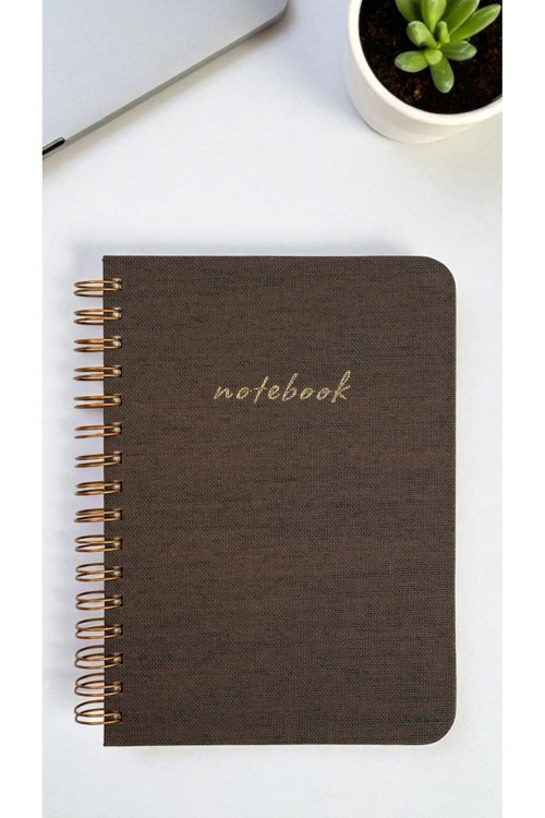 Kahverengi Keten Kapaklı Oval Kenar Çizgili Defter – A5, 160 Sayfa, 110 Gr Ivory Kâğıt, Bakır Spiral