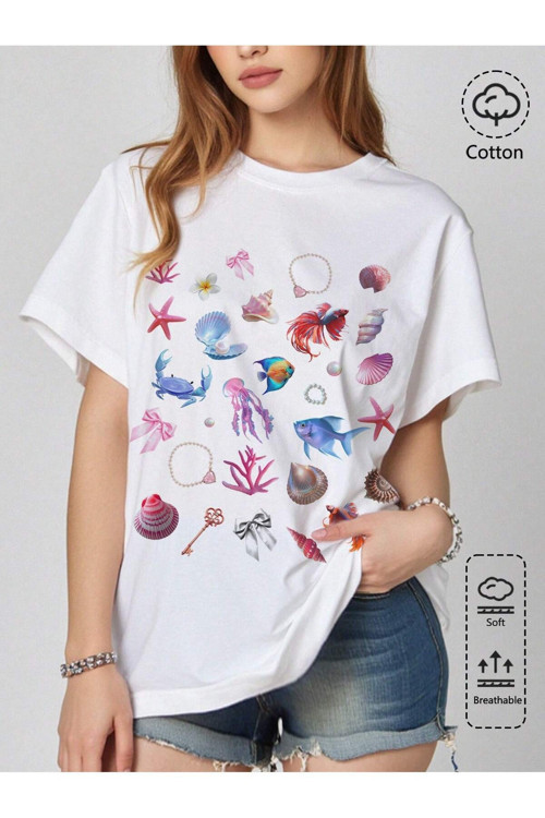 Unisex Deniz Kabukları Baskılı Tasarım Tshirt
