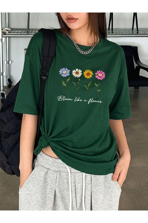 Unisex Flowers Baskılı Tasarım Tshirt