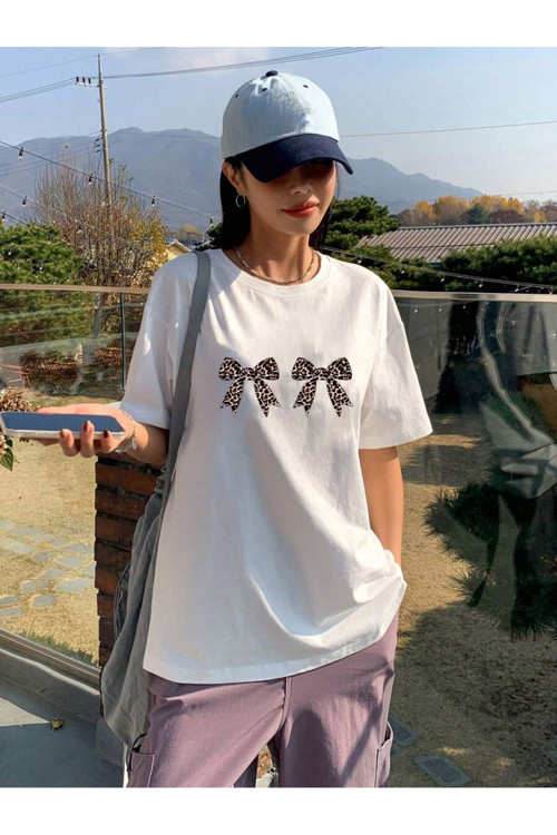 Unisex Leopar Desenli Kurdele Baskılı Tasarım Tshirt