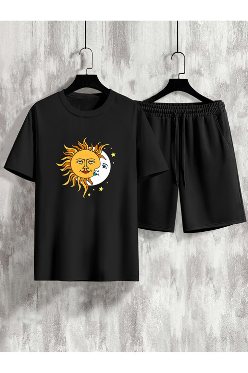 Unisex Güneş Ay Tasarım Basklı Tshirt Şort Takımı