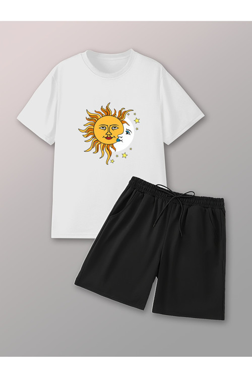 Unisex Güneş Ay Tasarım Basklı Tshirt Şort Takımı