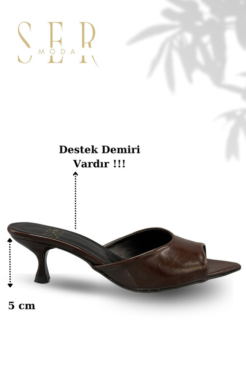 Topuklu Kadın Terlik - 5 cm İnce Topuklu Kadın Terlik Kahve Yanki