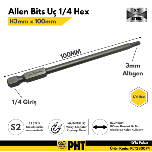 PHT Allen Bits Uç Uzun Boy Hex 3mm X 100mm PLT280074 ( 10 Adet )