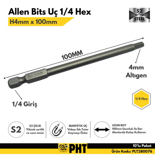 PHT Allen Bits Uç Uzun Boy Hex 4mm X 100mm PLT280076 ( 10 Adet )