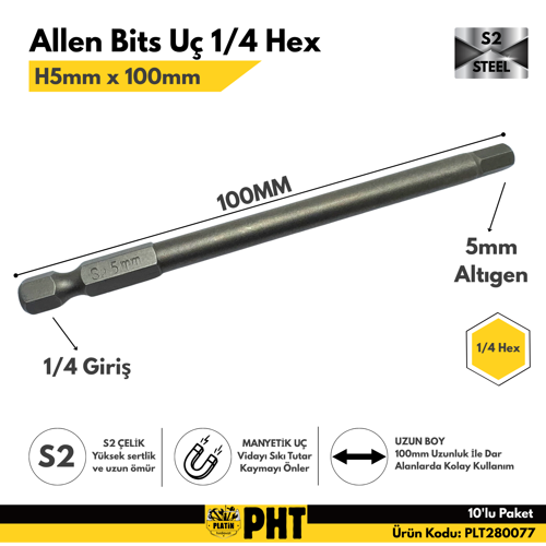 PHT Allen Bits Uç Uzun Boy Hex 5mm X 100mm PLT280077 ( 10 Adet )
