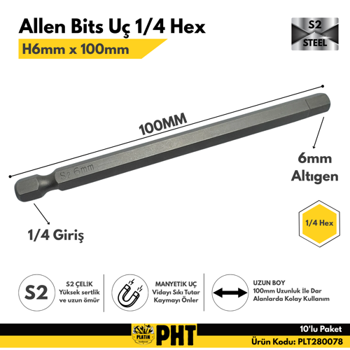 PHT Allen Bits Uç Uzun Boy Hex 6mm X 100mm PLT280078 ( 10 Adet )