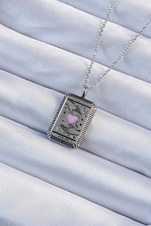316L Çelik Zincir Eskitme Gümüş Renk Pembe Mineli Kalp Figürlü Tarot Kolye - Lisinya