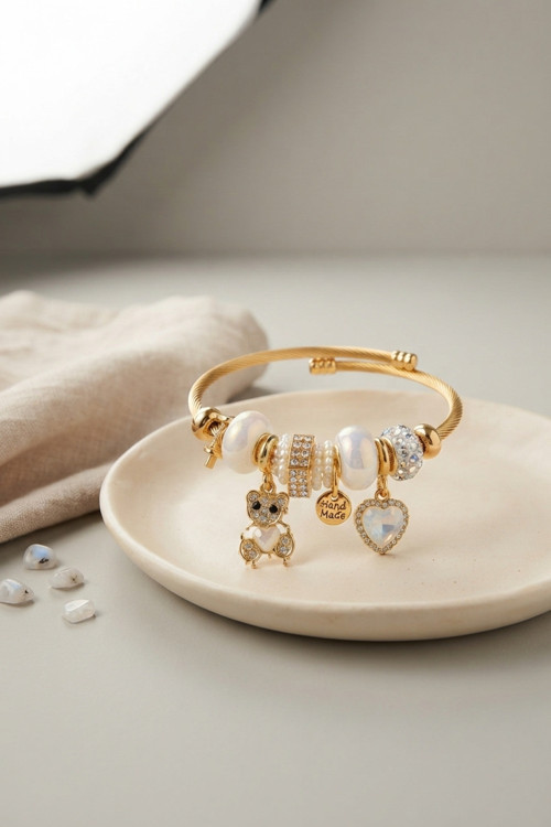 Tedy Bear Model Gold Renk Beyaz Charmlı Bileklik - Lisinya