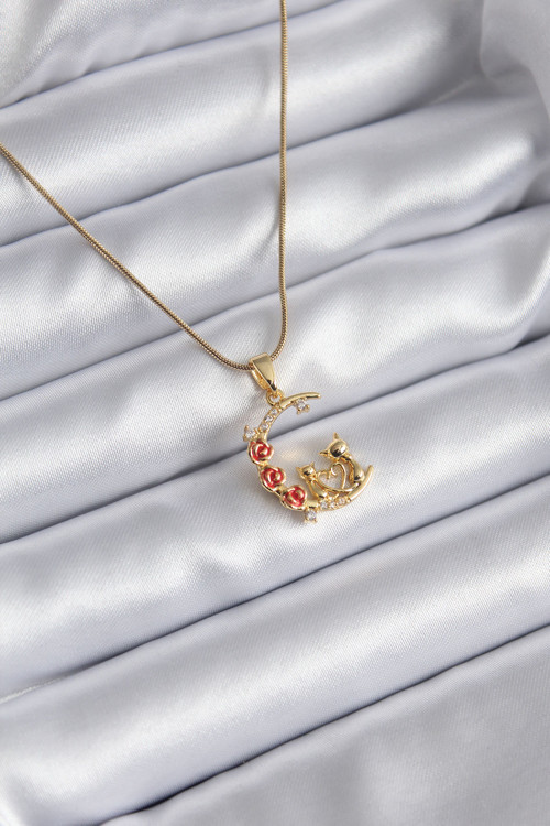 316L Çelik Gold Renk Hilal Kedi Model Zirkon Taşlı Detay Kadın Kolye - Lisinya