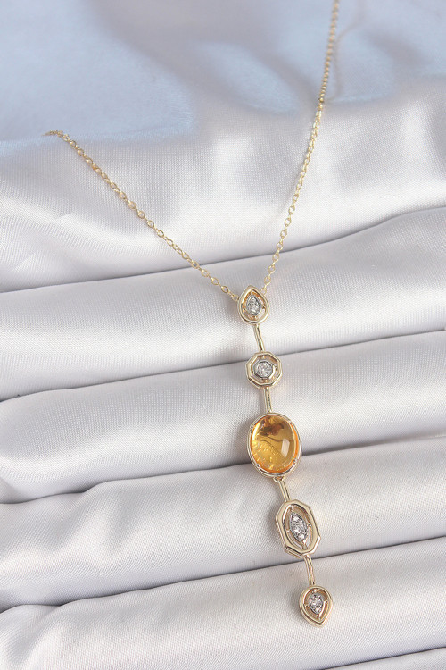 Pirinç Zincir Kehribar Sarı Gold Renk Zirkon Taşlı Y Kolye - Lisinya