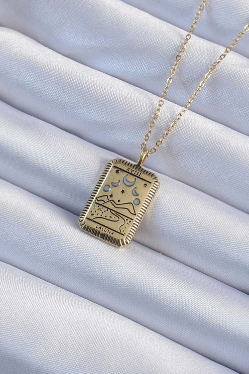 316L Çelik Zincir Eskitme Altın Renk Ay Figürlü Tarot Kolye - Lisinya