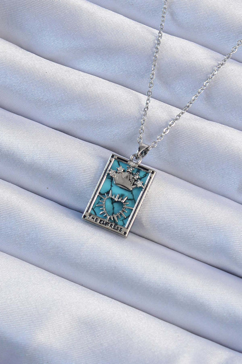 316L Çelik Zincir Gümüş Renk Zirkon Taşlı Mavi Mermer Desenli Taç Model Tarot Kolye - Lisinya