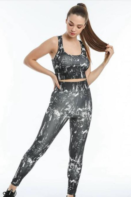Blurry Lycra® Baskılı Yüksek Bel Tayt Spor Crop Büstiyer 2Li Takım