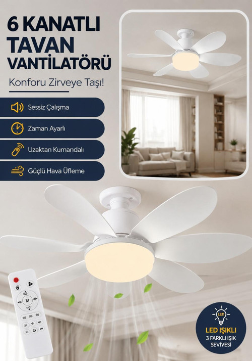 6 kanat uzaktan kumandalı 3' renk ve parlaklık ayarlı tavan vantilatörü