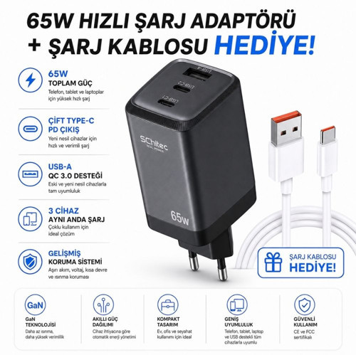 SChitec 65W GaN 3 Çıkışlı Hızlı Şarj Başlığı ve 120W UsbA to Type-C Hızlı Data ve Kablosu HEDİYE