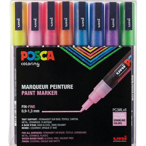 Posca 0.9-1.3 Su Bazlı Poster Markörü Simli 8 Li PC-3M/8C