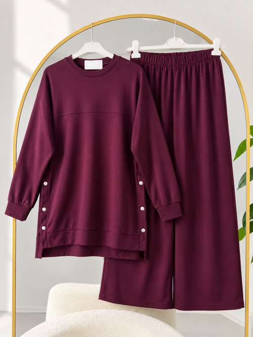 Kadın Tesettür Yanı Çıtçıtlı Basic Takım Bordo