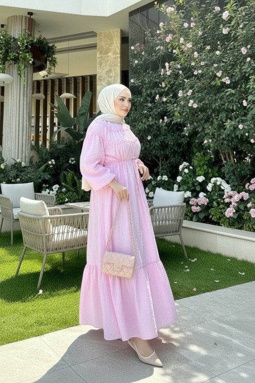 Kadın Pembe Yaka Fırfırlı Bel Bağlamalı Elbise