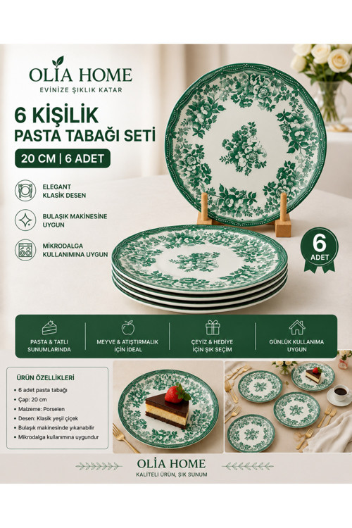 6 Kişilik 6 Parça 20 Cm Pasta Tabağı Seti – Zarif Çiçek Desenli Şık Sunum Tabağı