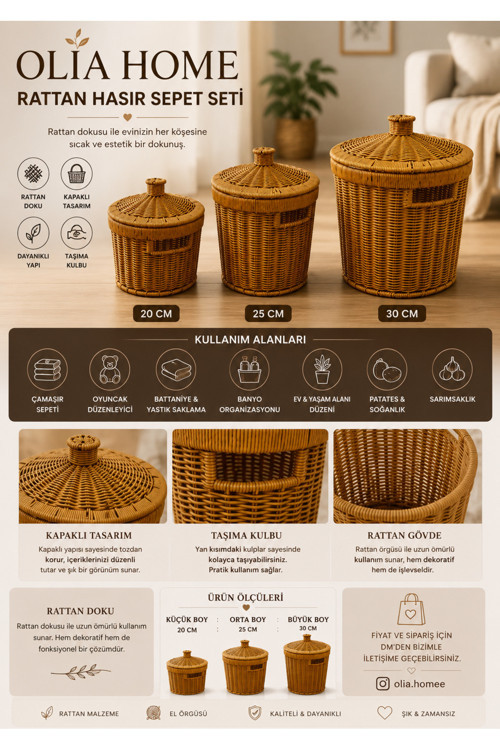 Olia Home 3’Lü Kapaklı Rattan Sepet Seti 20-25-30 Cm Çok Amaçlı Dekoratif Düzenleyici Sepet