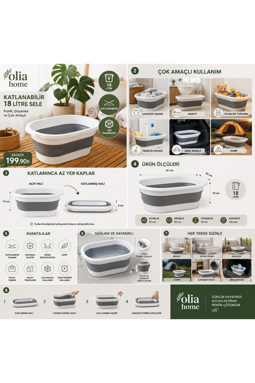18 Litre Katlanabilir Sele Silikon Katlanır Çamaşır Sepeti Çok Amaçlı Banyo Ve Kamp Taşıma Küveti 47X32X19 Cm