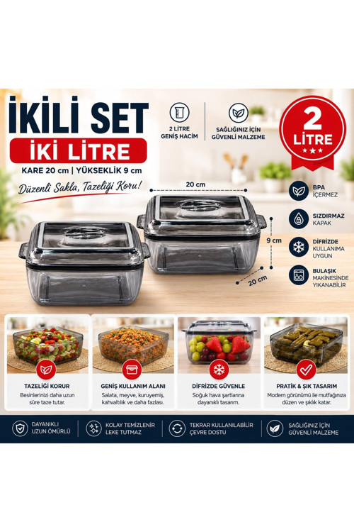 2’Li 2 Litre Saklama Kabı Silikon Contalı Kapaklı Plastik Erzak Saklama Kutusu Kare Şeffaf 20X20X9 Cm
