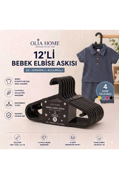 Olia Home 12’Li Bebek Elbise Askısı Çocuk Kıyafet Askısı Kaydırmaz Plastik Askı – Siyah