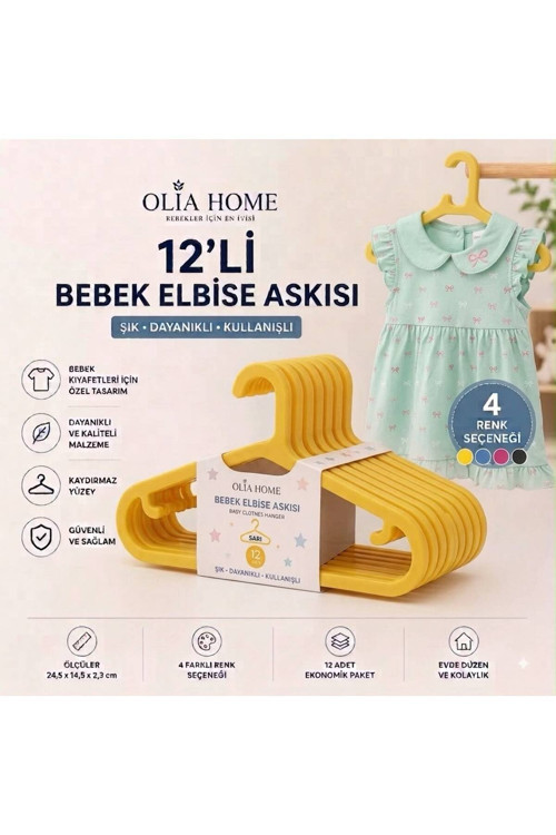 Olia Home 12’Li Bebek Elbise Askısı Çocuk Kıyafet Askısı Kaydırmaz Plastik Askı – Sarı