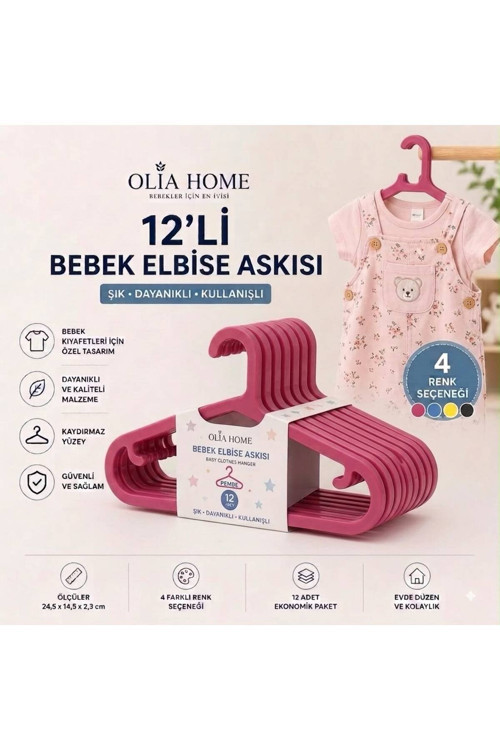 Olia Home 12’Li Bebek Elbise Askısı Çocuk Kıyafet Askısı Kaydırmaz Plastik Askı – Pembe