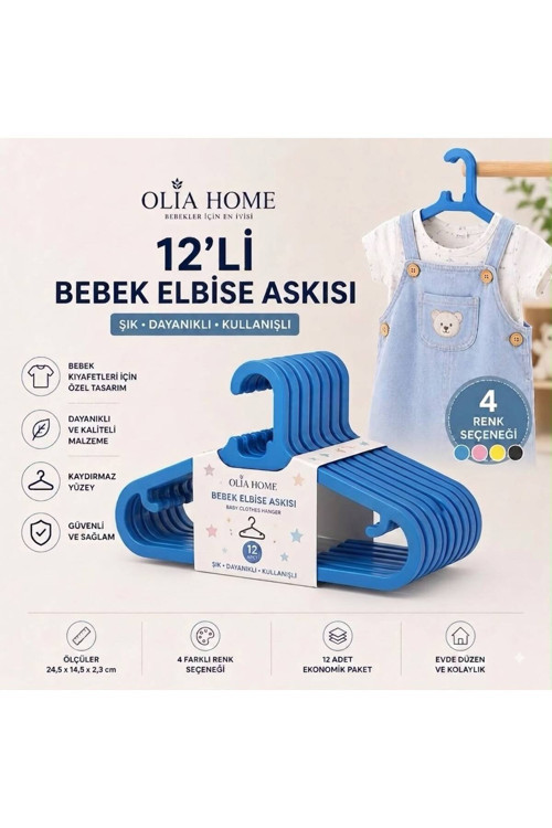 Olia Home 12’Li Bebek Elbise Askısı Çocuk Kıyafet Askısı Kaydırmaz Plastik Askı – Mavi