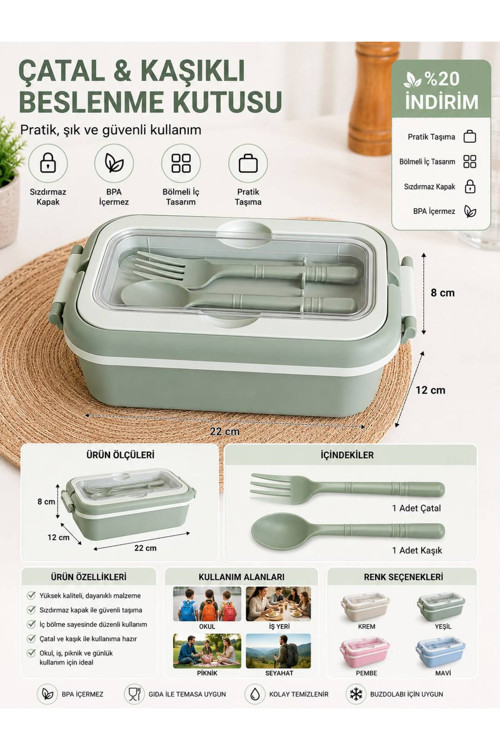 Çatal Kaşıklı Bölmeli Beslenme Kutusu Sızdırmaz Kapaklı Taşınabilir Lunch Box 22X12X8 Cm