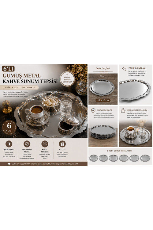6’Lı Gümüş Metal Kahve Sunum Tepsisi 26X20 Cm Paslanmaz Görünümlü Çay Kahve İkram Servis Tepsisi