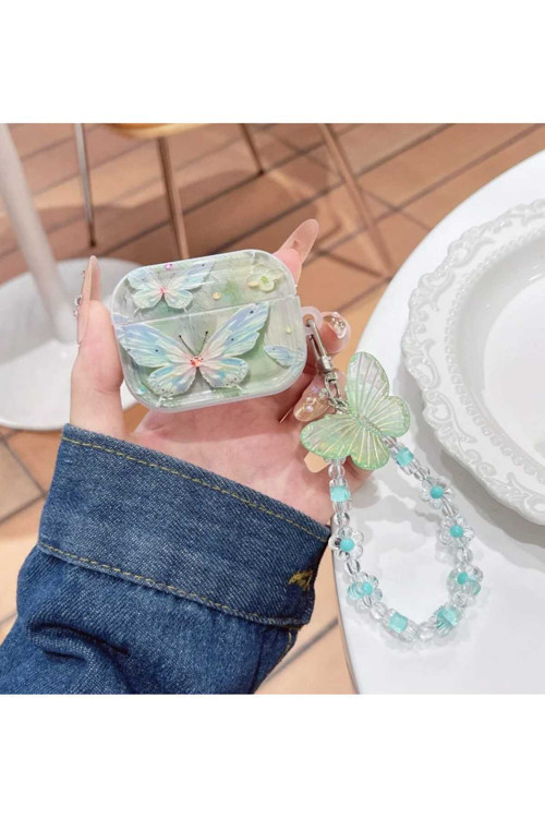Airpods 3 Uyumlu Simli Kulaklık Kılıfı - 3D Kabartmalı Yeşil Butterfly Figürlü Boncuk Zincir Askılı Esnek Tpu Kılıf