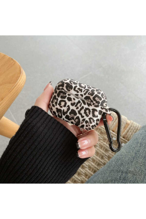 Airpods Pro 1 Ve 2 Uyumlu Leopar Desenli Silikon Kulaklık Kılıfı - Siyah Metal Kancalı Darbe Emici Koruyucu Kılıf Kapak
