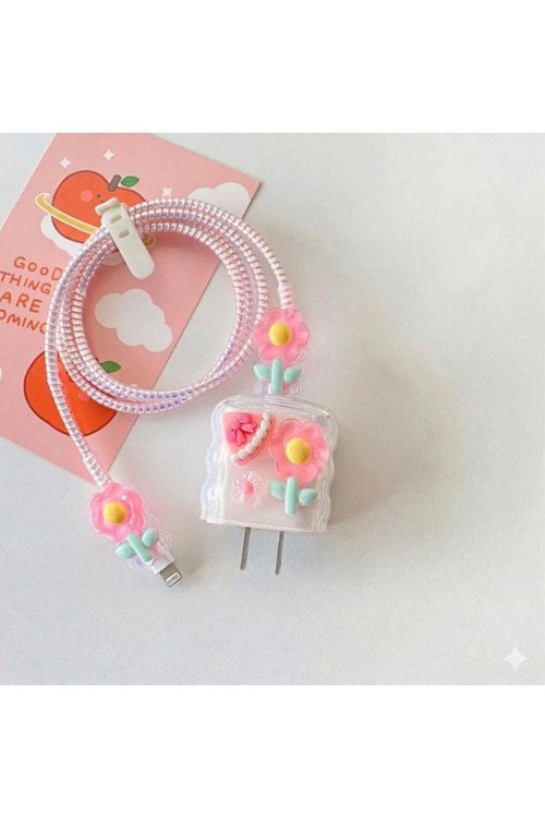 Pembe Çiçekli Spiral Kablo Koruyucu Ve Şarj Başlığı Koruma Kılıfı Seti