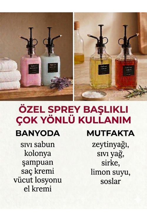 2’Li Cam Çok Amaçlı Yağ Sprey Şişe 500 Ml,Yağdanlık,Sirkelik, Sabunluk,Losyonluk,Mutfak & Banyo