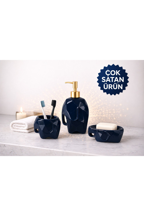 3’Lü Seramik Fil Figürlü Lacivert Dekoratif Banyo Seti,Diş Fırçalık+Sıvı Sabunluk+Katı Sabunluk
