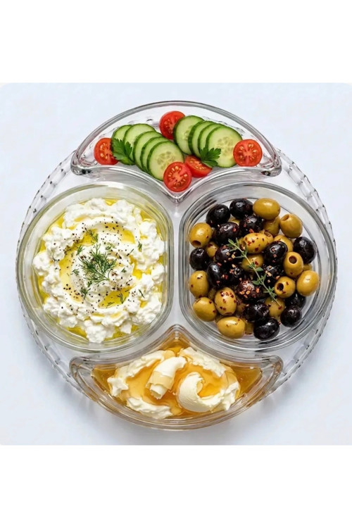 5 Parça 4 Bölmeli Cam Kahvaltılık,Çerezlik,Meze Tabağı, Çıkarılabilir Cam Bölmeli Sunum Servis Tabağı 24 Cm