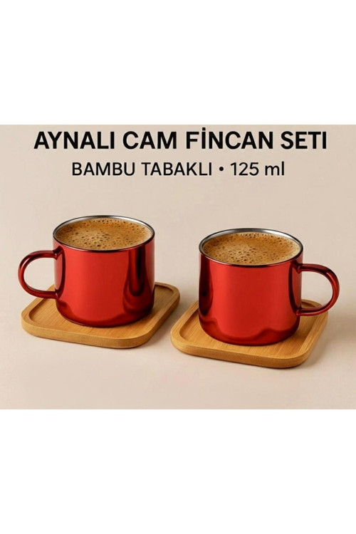 Aynalı Borosilikat Cam Türk Kahvesi Fincan Seti,Kırmızı,2X125Ml–Bambu Tabaklı, Isıya Dayanıklı