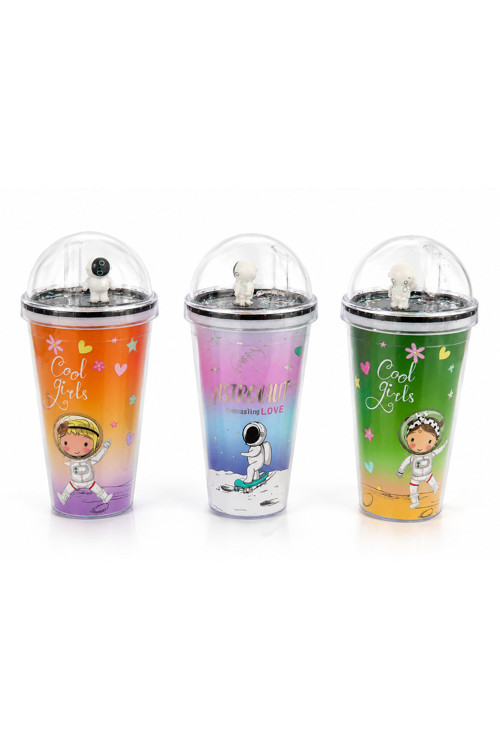 Uzay Temalı Pipetli Bardak 450 Ml Astronot Kapaklı Çocuk Matara Renkli Şeffaf Ekonomik Suluk Bpa İçermez 3 Farklı Model