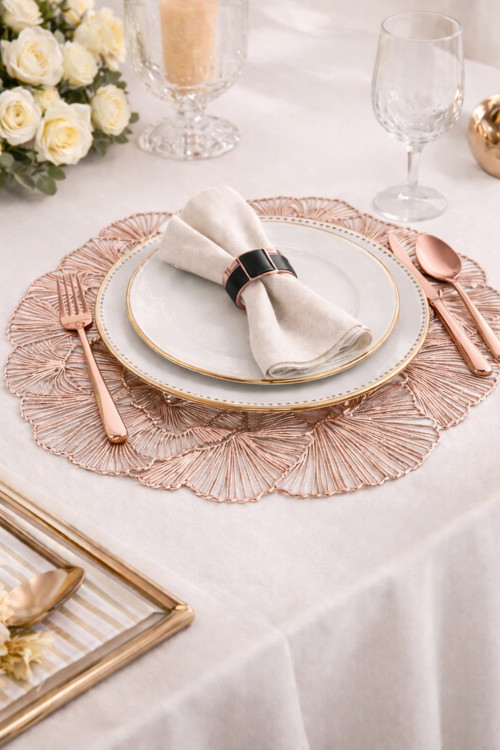 Metalik Rose Supla 38 Cm Amerikan Servis,Dekoratif Masa Sunum Altlığı,Modern Sofra Dekoru – 2’Li Set