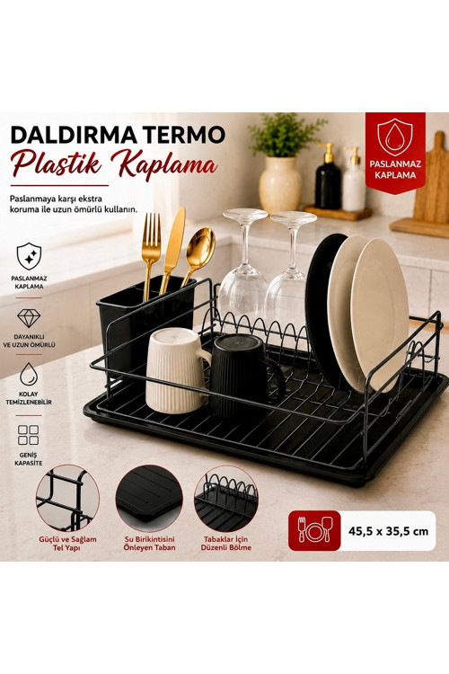 En Çok Tercih Edilen Daldırma Termo Plastik Kaplama Bulaşıklık | Paslanmaz & Kararma Yapmaz | Ultra Geniş Kapasiteli Tabaklık | Su Tutmayan Tepsi | Premium Mutfak Kurutmalık 45,5X35,5 Cm-Siyah