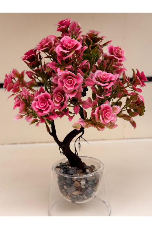 Yapay Bonsai Gül Çiçek Ağaç 30 Cm,Dekoratif Saksılı Mini Ağaç,Masa Üstü Pleksi Saksılı Ev Dekoru