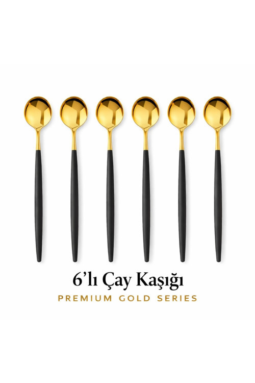 Modern Altın Renk Paslanmaz Çelik Çay Kaşığı 6’Lı Set,Mat Siyah Saplı Premium Çay,Kahve Kaşığı Seti