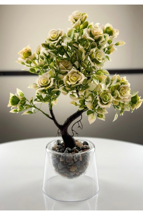 Yapay Bonsai Gül Çiçek Ağaç 30 Cm,Dekoratif Saksılı Mini Ağaç,Masa Üstü Pleksi Saksılı Ev Dekoru