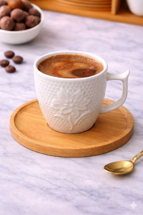 Tek Kişilik 2 Parça Porselen Türk Kahvesi Fincan Takımı.Bambu Tabaklı Premium Kahve Seti,Çiçek